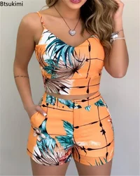 New Summer Women 2-piece Outfit Set Flower Printed Sleeveless V-neck Blouse + Shorts Set Female High Waist Hot Shorts Pants Sets