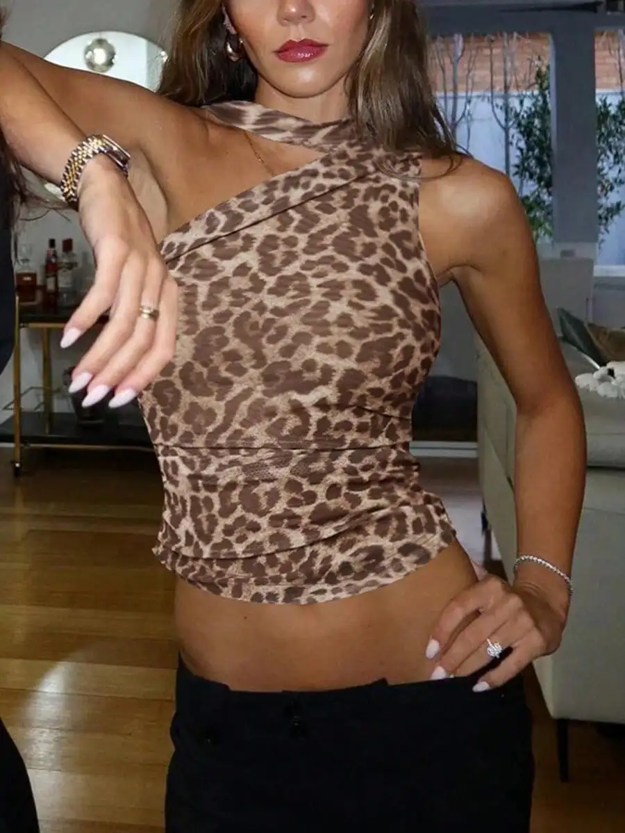 Women Y2K Leopard Print Crop Cami Top Sleeveless Fitted Going Out Tank Summer