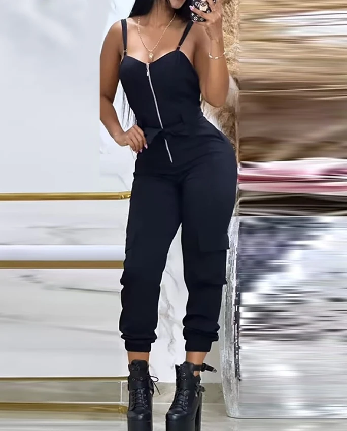 

Women's Playsuit 2024 Summer V Neck Sleeveless Zipper Pocket Design Backless Tie Up High Waist Slim Fit Cargo Cuffed Jumpsuit