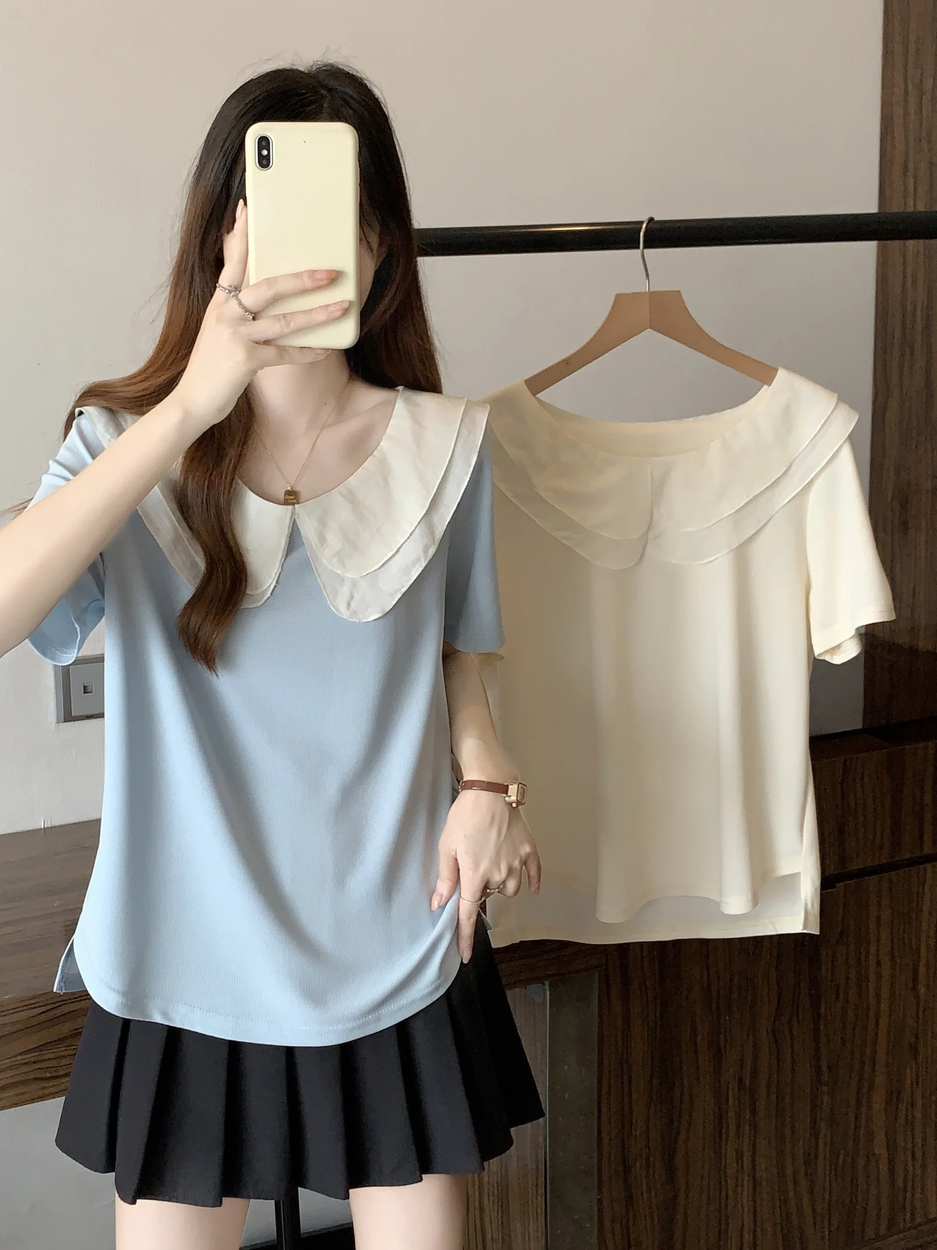 

Loose Casual Short Sleeve T-Shirt Large Size Summer Double Layer Doll Collar Sweet Top Women Breathable Skin-Friendly Polyester