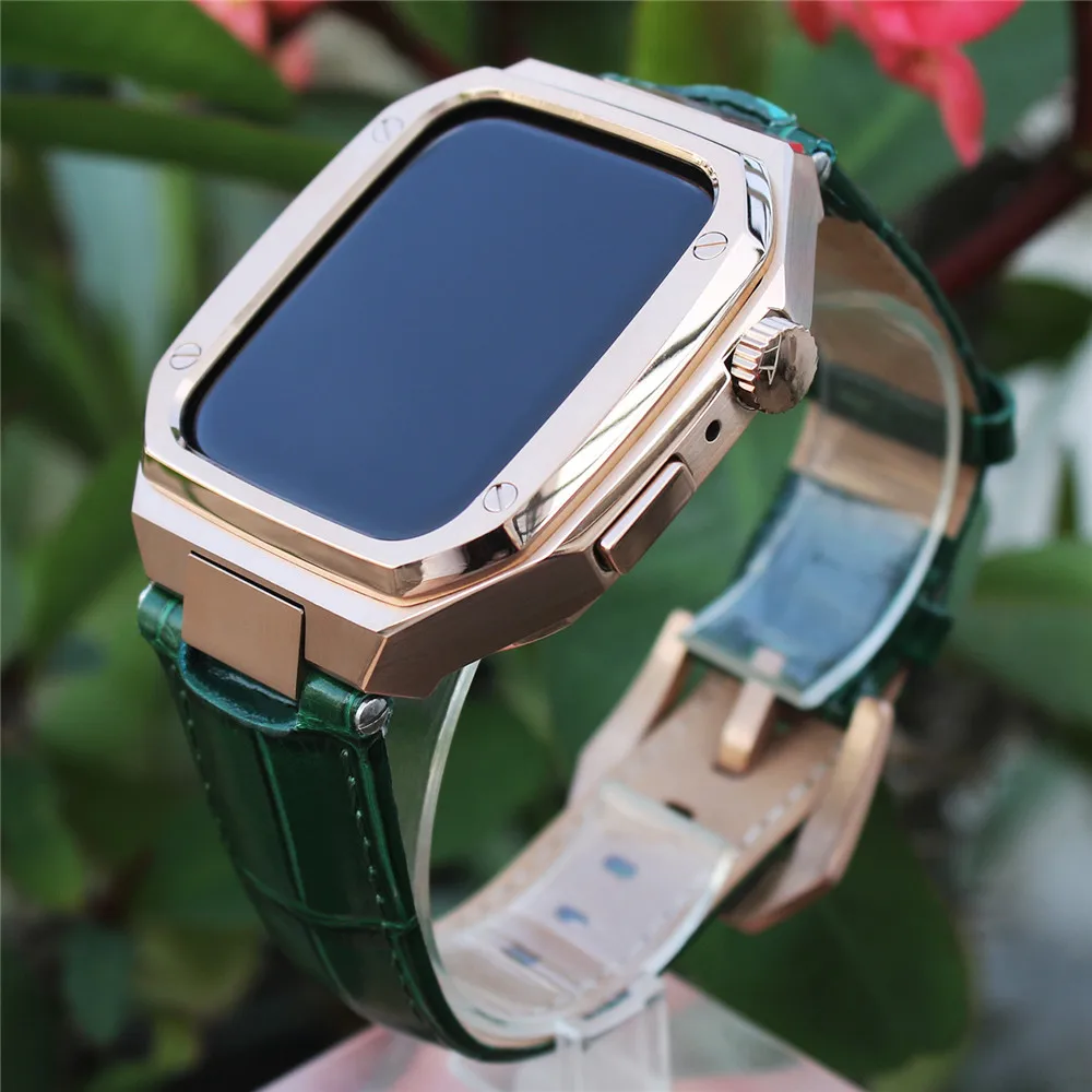 Luxury Stainless Steel Modification Mod Kit for Apple Watch 9 8 7 45mm Leather Strap Metal Case iWatch 6 5 4 SE 44mm Band Set