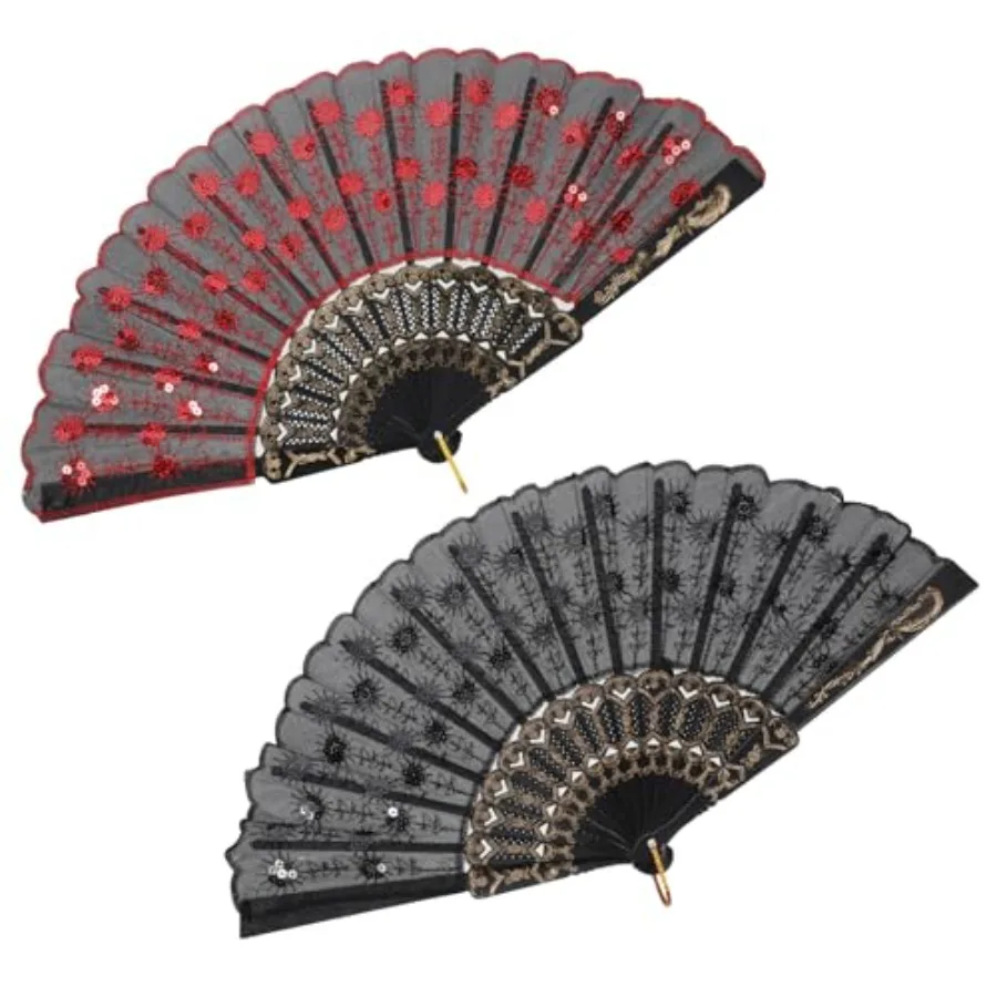 

Lace Handheld Chinese Folding Fan, 2 Pcs Vintage Lace Spanish Fan Decorative Folding Fans for 1920s Costume Wedding Dancing Tea