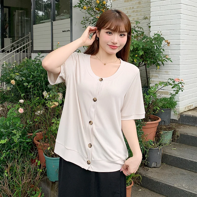 Plus size, knitted short sleeved women's new summer 240kg mm cool ice silk loose-shirt 3375