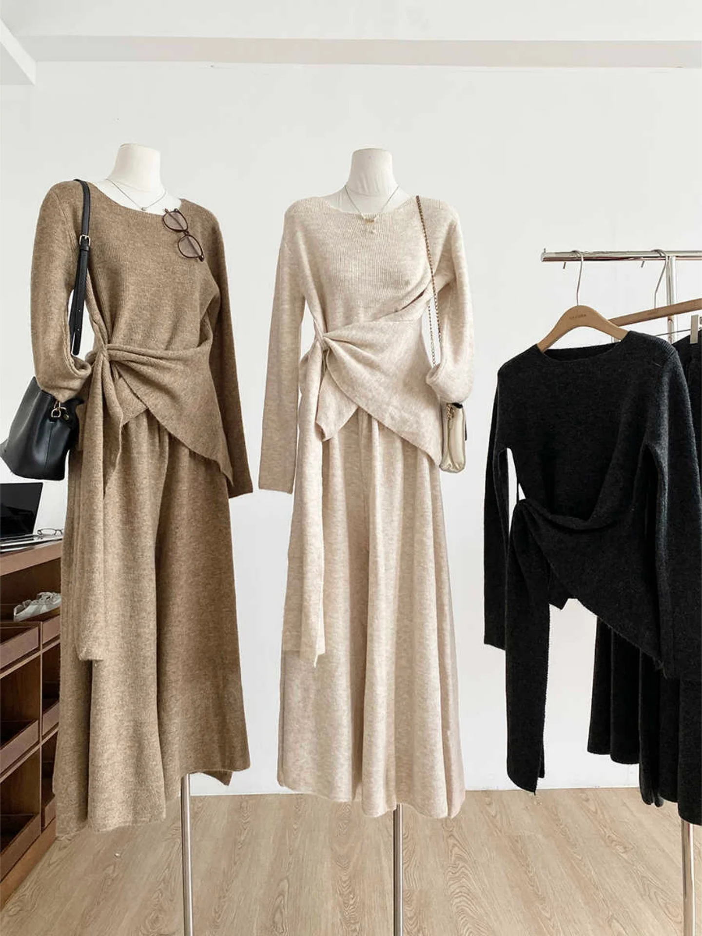 

Winter 2025 Korean Sle Faionable Knitted Long Sve round Ne Top High Waist Slimming Casual Pants Set Women's Wear