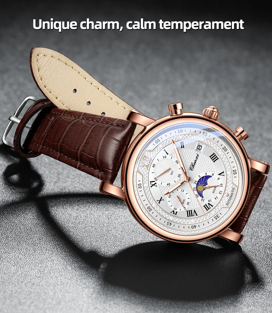 Chenxi 976 Leather Chronograph Date Men's Phase Of The Moon Timing Business Luminous Quartz Watch Relojes Para Hombres
