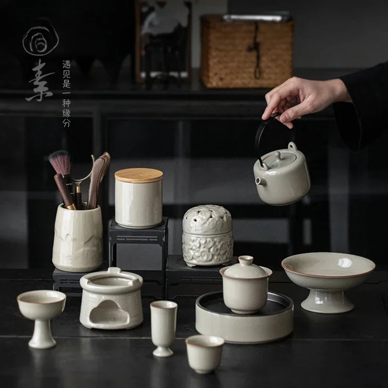 250ml Retro Grass Wood Ash Ceramic Teapot Handmade Hoop Handle Beam Pot Tea Soaking Kettle Drinkware Accessories Collection Gift image 5