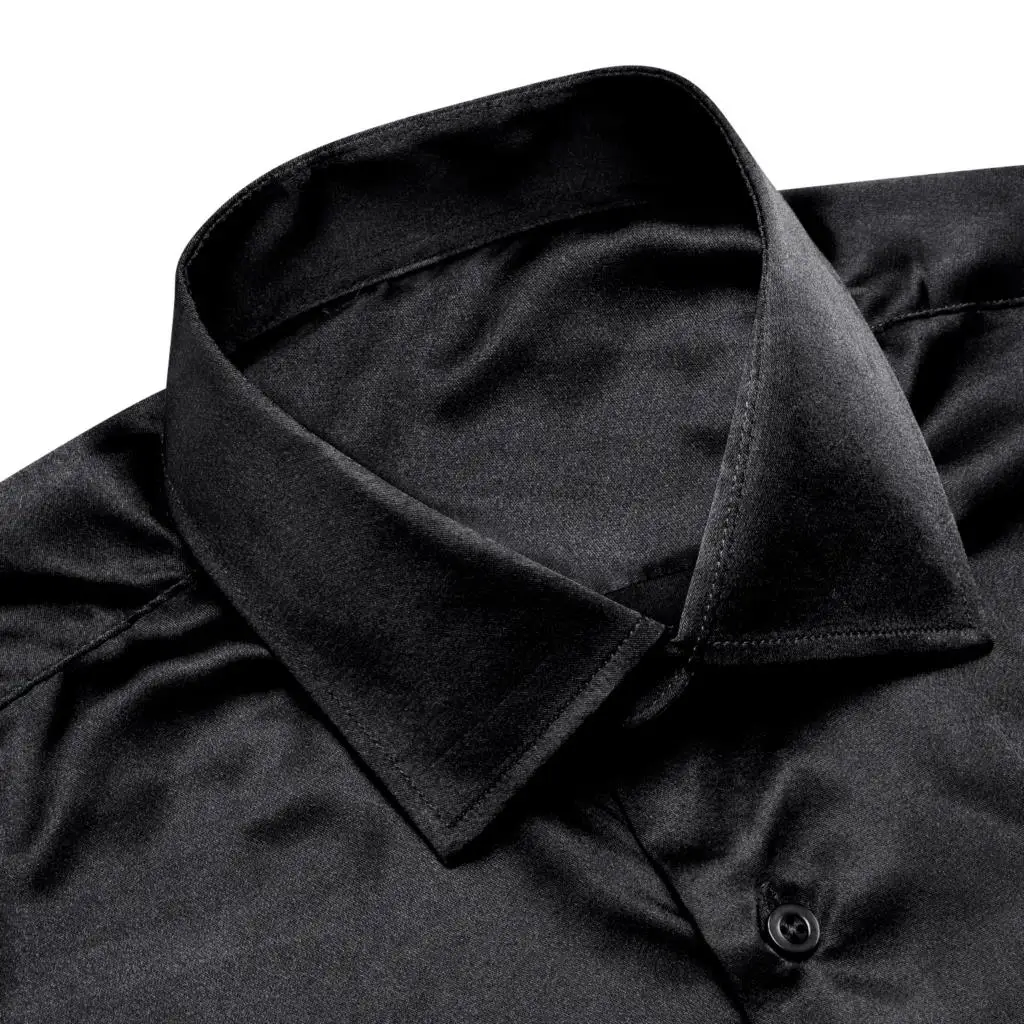 Hi-Tie Black Silk Satin Mens Shirts Windsor Lapel Collar Long Sleeve Button Down Social Shirt for Male Soft Breathable Over Size