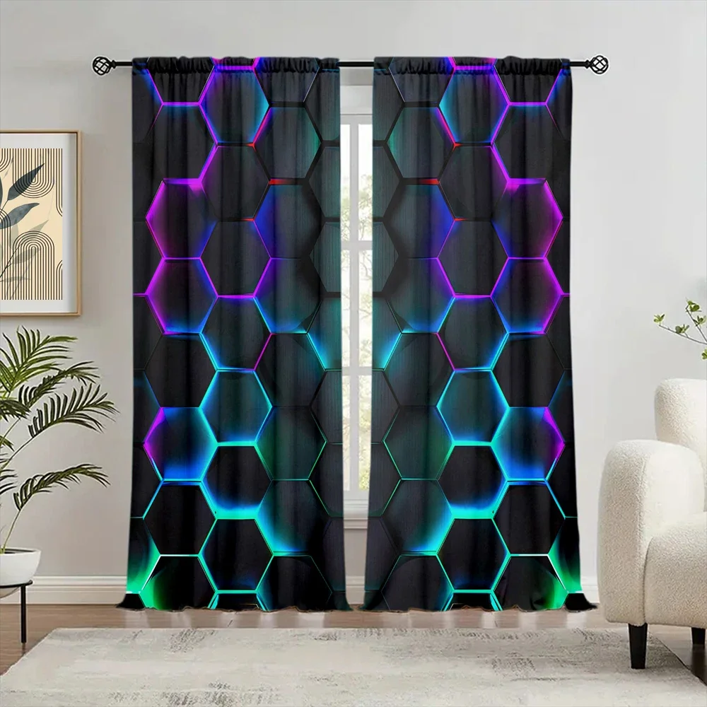 2pcs Futurism Hexagonal Art Printed Curtain for Home Decor - Rod Pocket Window Treatment for Bedroom,Office,Kitchen,Living Room