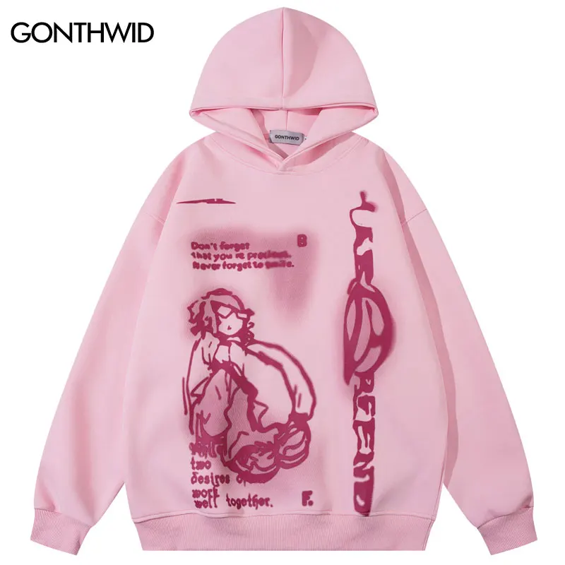 Harajuku Hoodie Streetwear Hip Hop Cartoon Boy Graphic Print Hooded Sweatshirt Y2K Men 2023 Fashion Loose Pullover Hoodies Pink