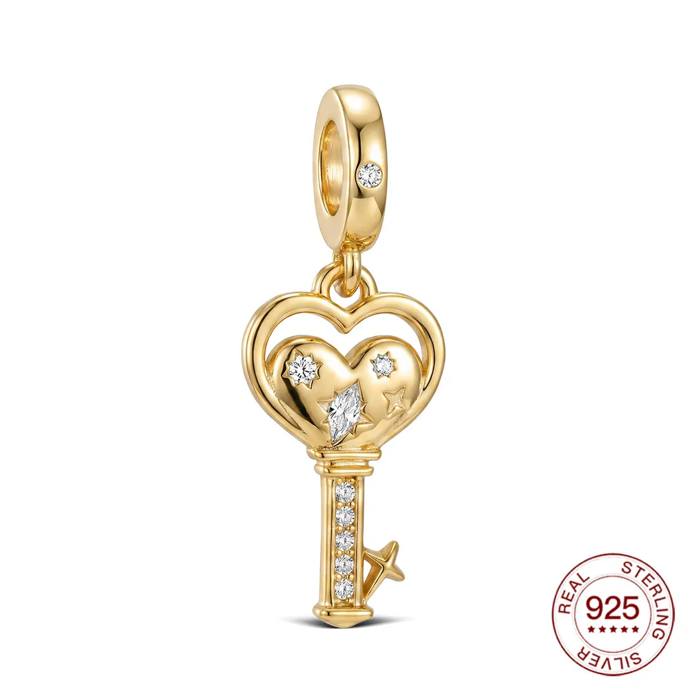 New 925 Sterling Silver Heart-shaped Key Gold Pendant Original Charm For Women DIY Bracelet Making Sweet Gift For Her Collection