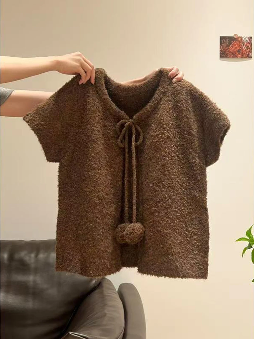 

Ретро-кардиган вязаный с коротким рукавом, женский, свободного кроя, для многослойных образов, в корейском стиле, удобный, с круглым вырезом