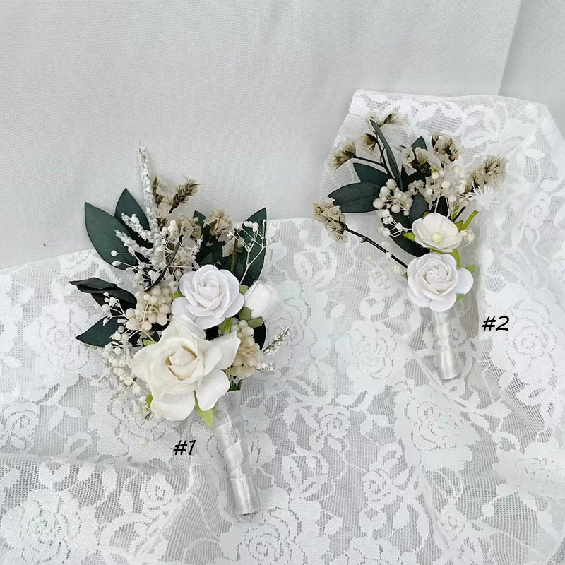 Dried Baby's Breath Greenery Bridal flower wedding boutonniere with White roses