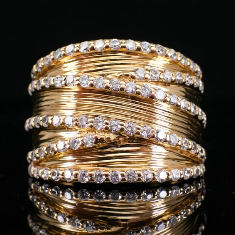 Fashion Dazzle Tiny Synthetic Zirconia Multilayer Golden Wide Ring Women Luxury Delicate Banquet Celebration Charm Jewelry Gifts