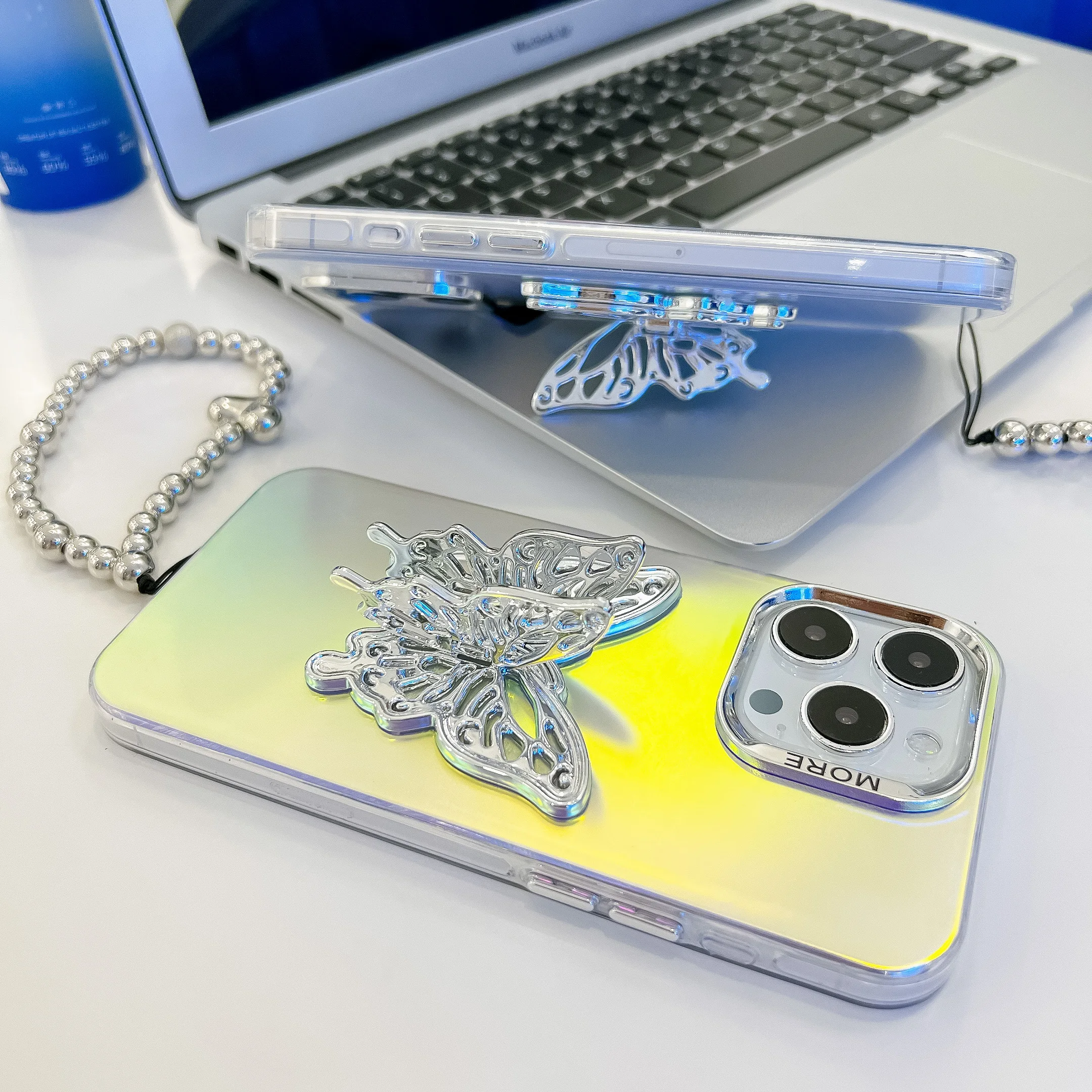 For Iphone 13 14 15 16 Pro Max Plus Luxury Laser Electroplated Textured  Butterfly Stand Heart Chain Phone Case Cover