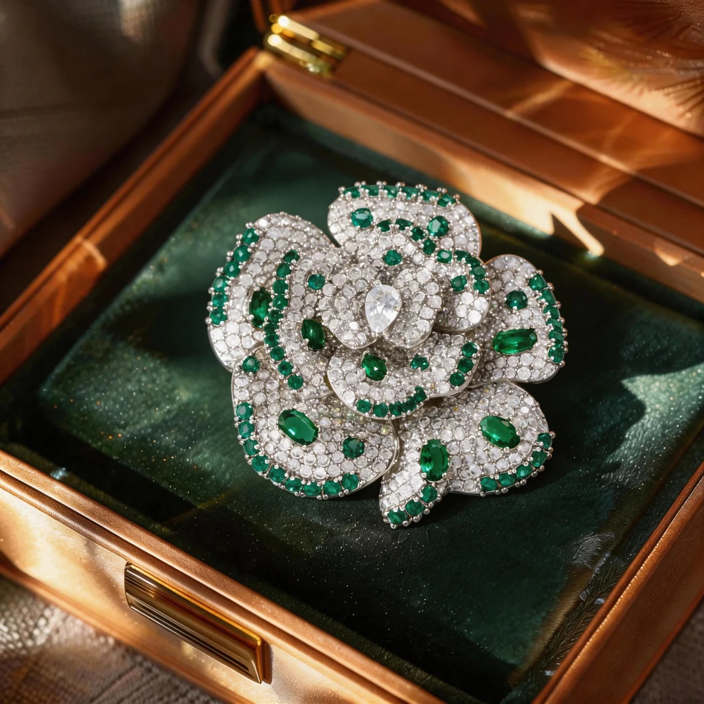 French Royal 3D Flower Brooch Full Zircon Elegant Vintage Suit Lapel Pin