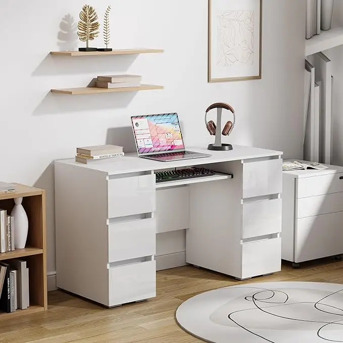 Office Desk,Computer Desk With Storage Shelf And 6 Drawers, 47 Inch Writing Home Office Workstation, Modern Work Study Writing T