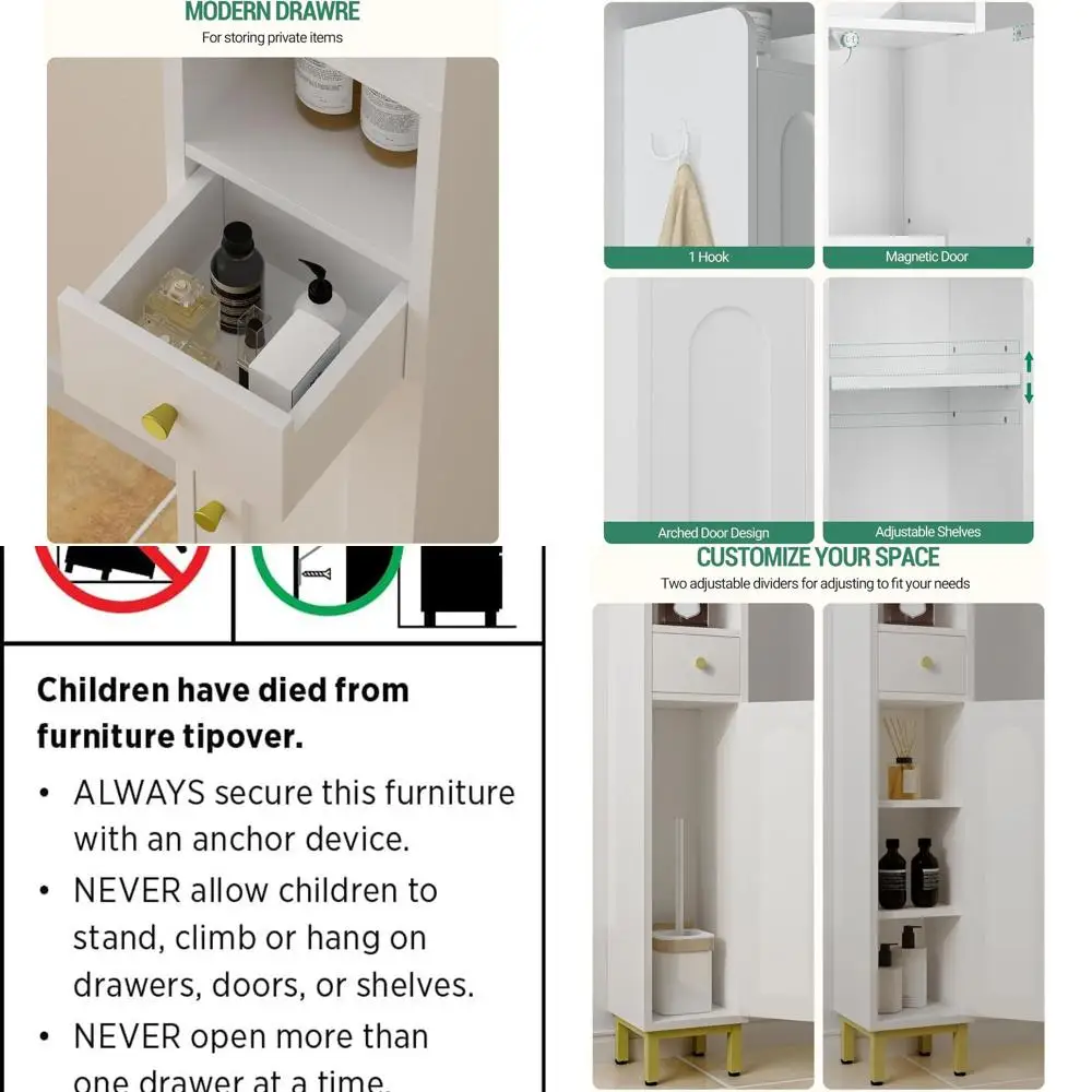 

Adjustable Shelf Tall White Bathroom Storage Cabinet with Doors & Drawers, Freestanding Toilet Paper Holder BC28013X