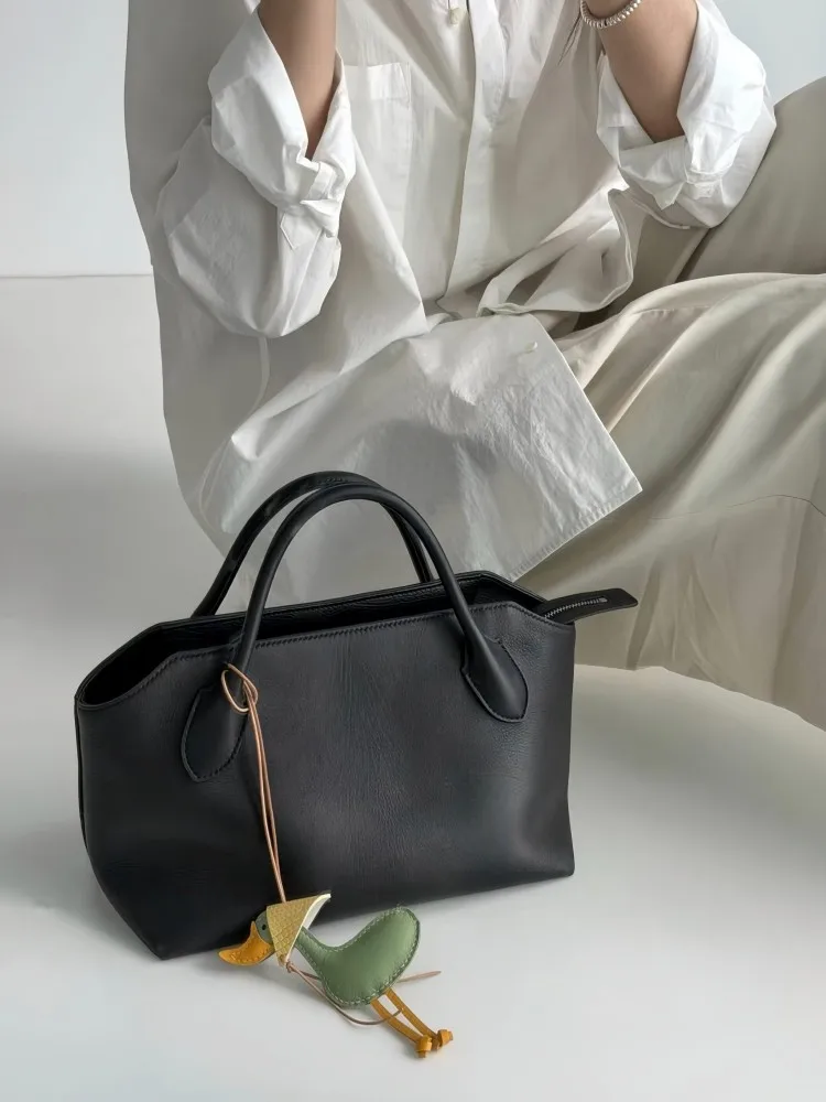 High Quality Womens Cowhide Totes Handbag Retro Style Genuine Leather Bag Female Large Capacity Concise Zipper Casual Bags