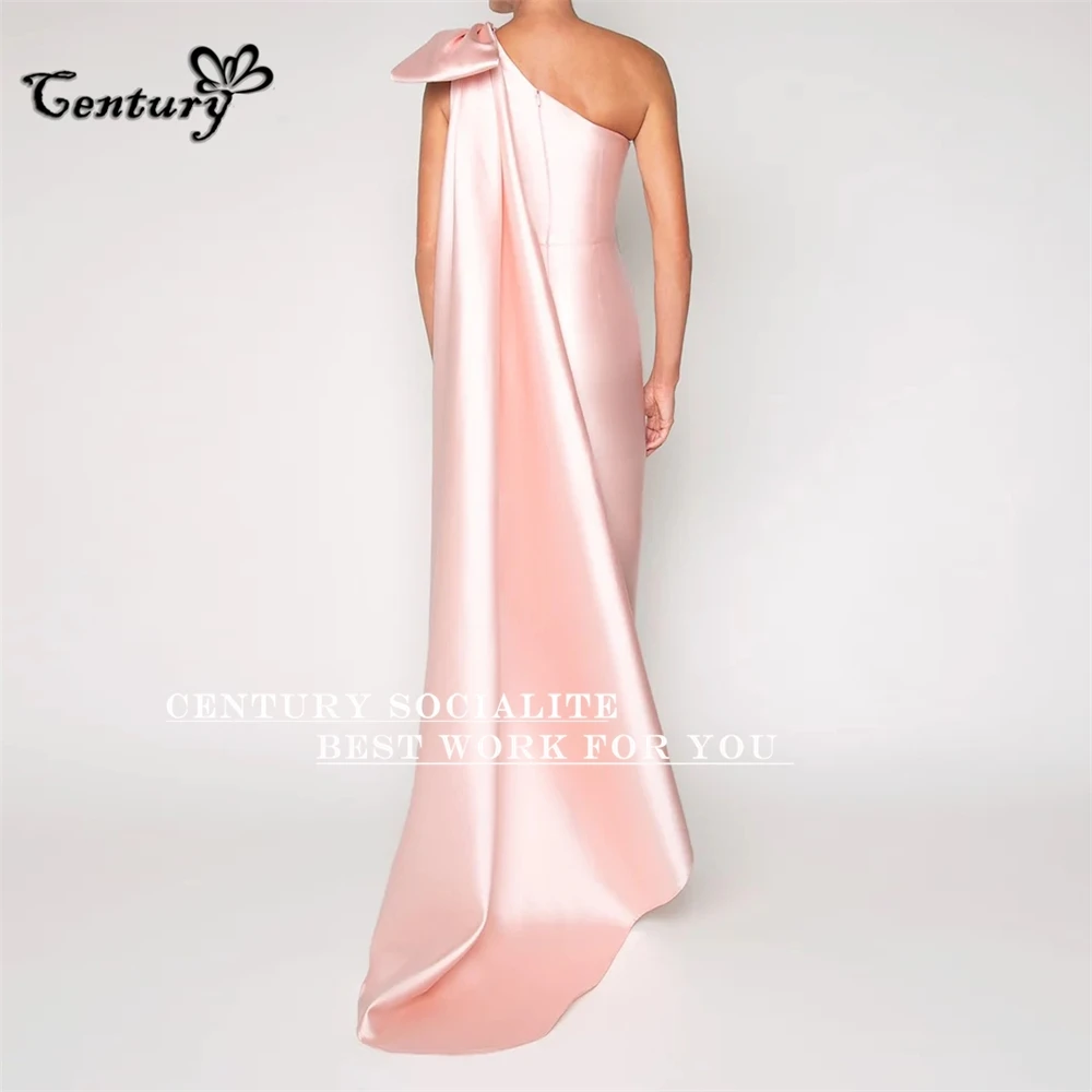 Blush Saudi Arabic Prom Dress Long 2024 Big Bow Sheath One Shoulder Satin Pageant Evening Gowns Dubai Formal Dresses Customized