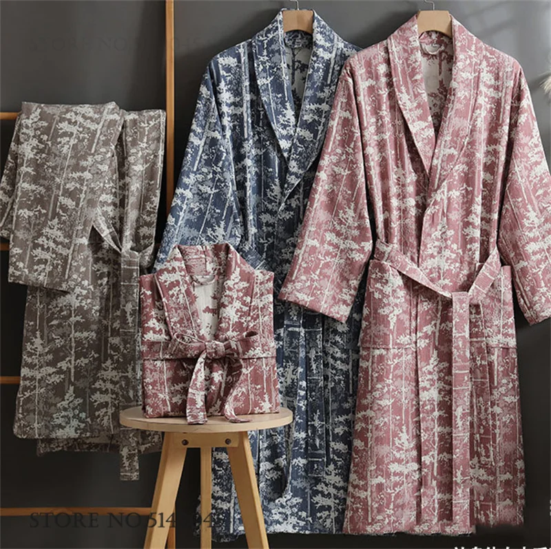 

Print Flower Cotton Kimono Bathrobe Gown Couple Robe Home Dress Spring Autumn Long Sleeve Nightwear Loose Casual Loungewear