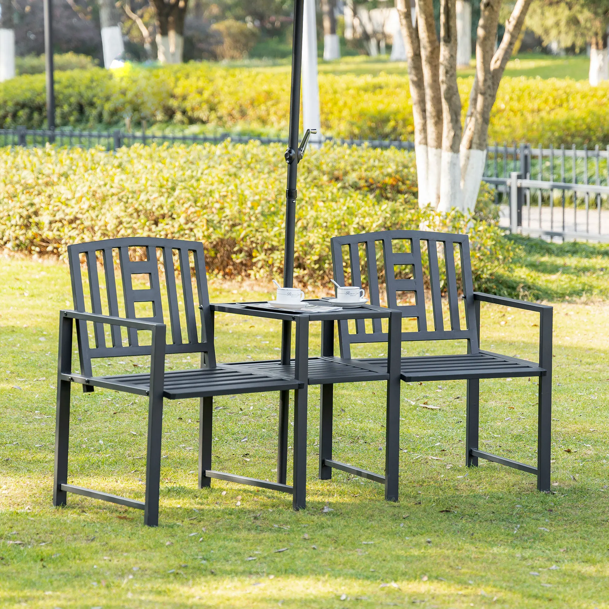 2-Person Double Metal Patio Chairs W/ Coffee Table & Umbrella Hole, Black