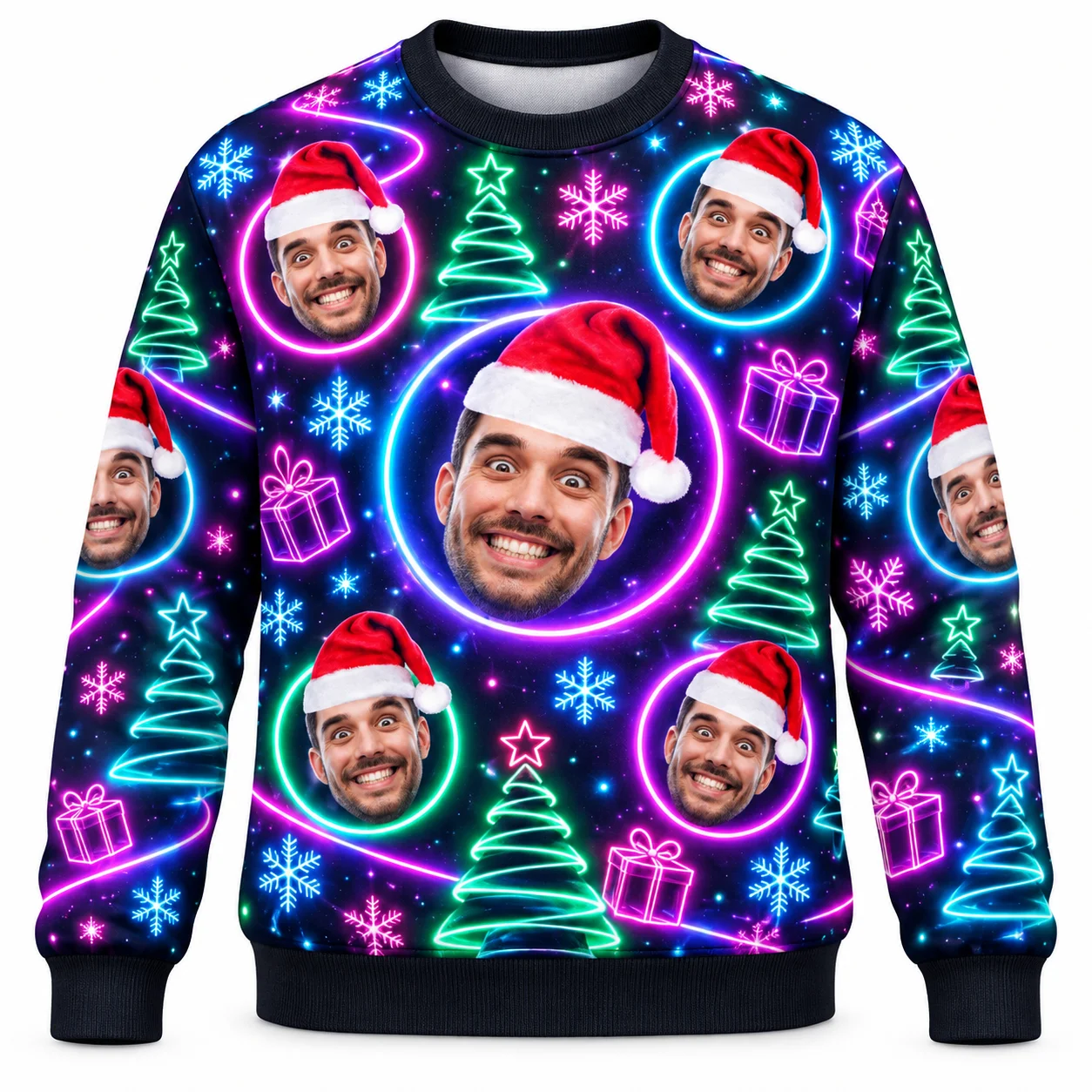 Custom Face Ugly Christmas Sweater Photo Collage Holiday Sweaters with Santa Hats Neon Art Ski and Gingerbread Crewnecks