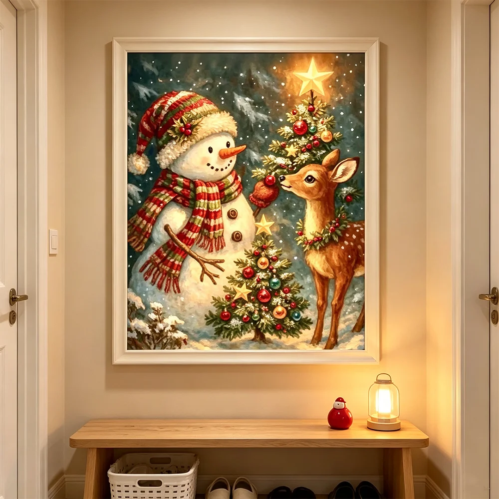 Cartoon Snowman and Deer Poster Waterproof Wall Art Sticker for Bar Living Room Decor High Quality Xmas Tree Canvas Print Gift