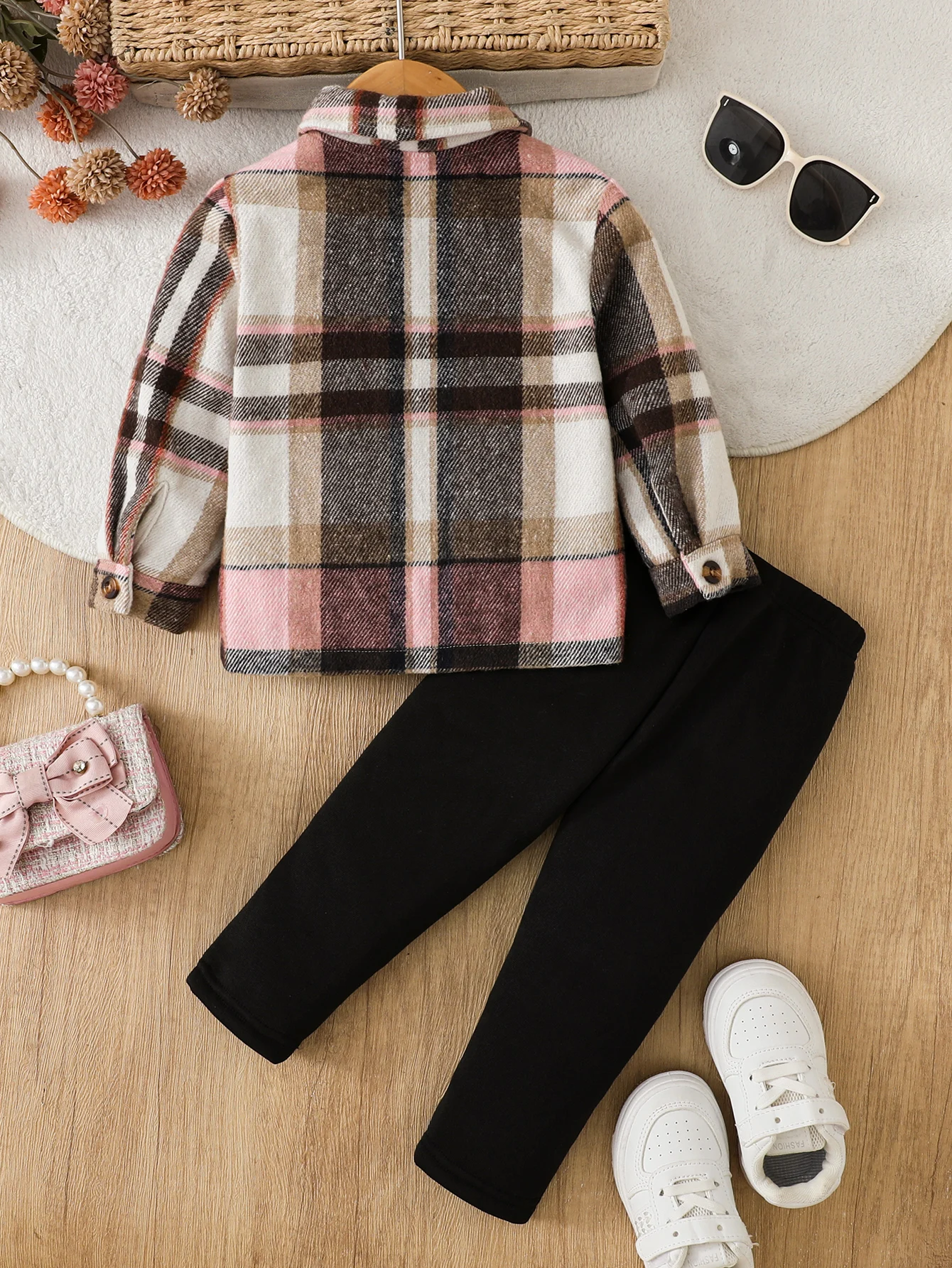 Boys Plaid Two-Piece Set Spring Autumn Pink Brown Plaid Shirt Jacket + Black Casual Pants Ensemble for Baby Boys