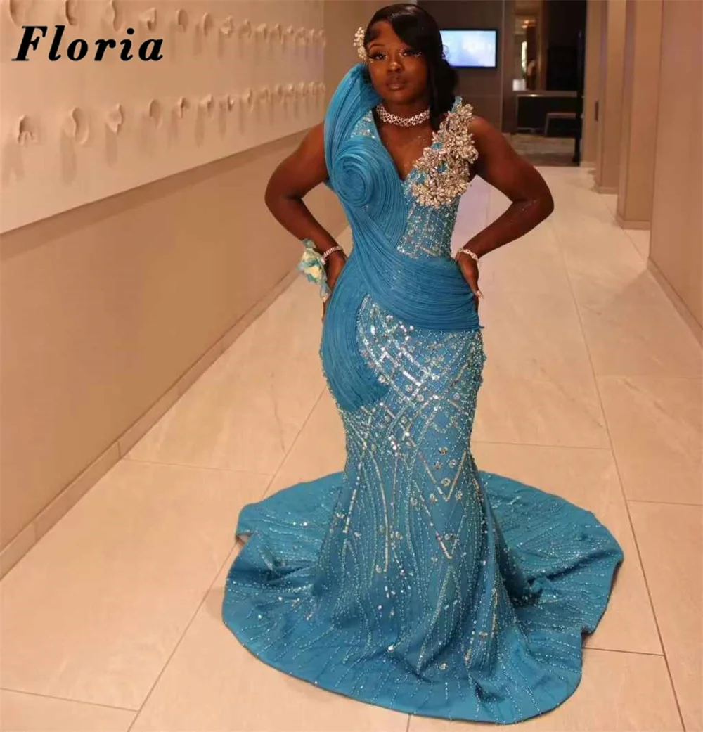 

Nigeria Blue Beaded Cocktail Dreses Ruffles Mermaid Black Girls Plus Size Evening Dress Aso Ebi Customized Wedding Party Gowns