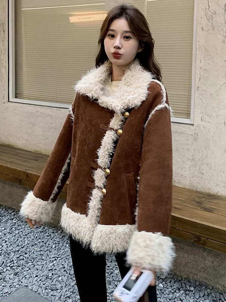 DEAT Fashion Women Lamb Wool Jackets Lapel Metal Single Breatsed Contrast Color Loose Warm Thicken Coat Autumn 2024 New 7AB6324