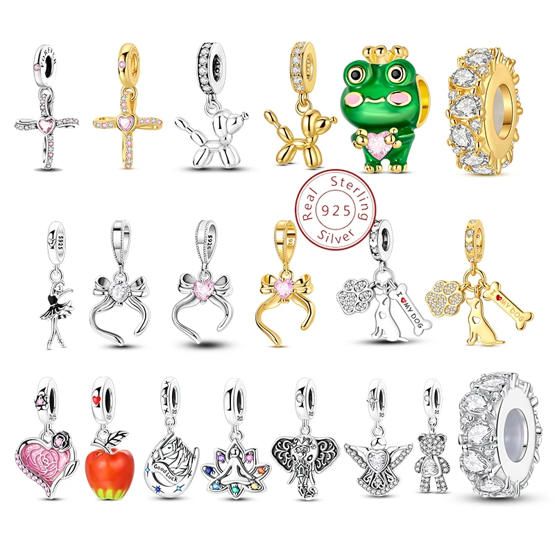 

Gold Plated Bow Balloon Dog Charms 925 Sterling Silver Elephan Frog Crucifix Beads Pendant Fit 3mm Original Bracelet DIY Jewelry