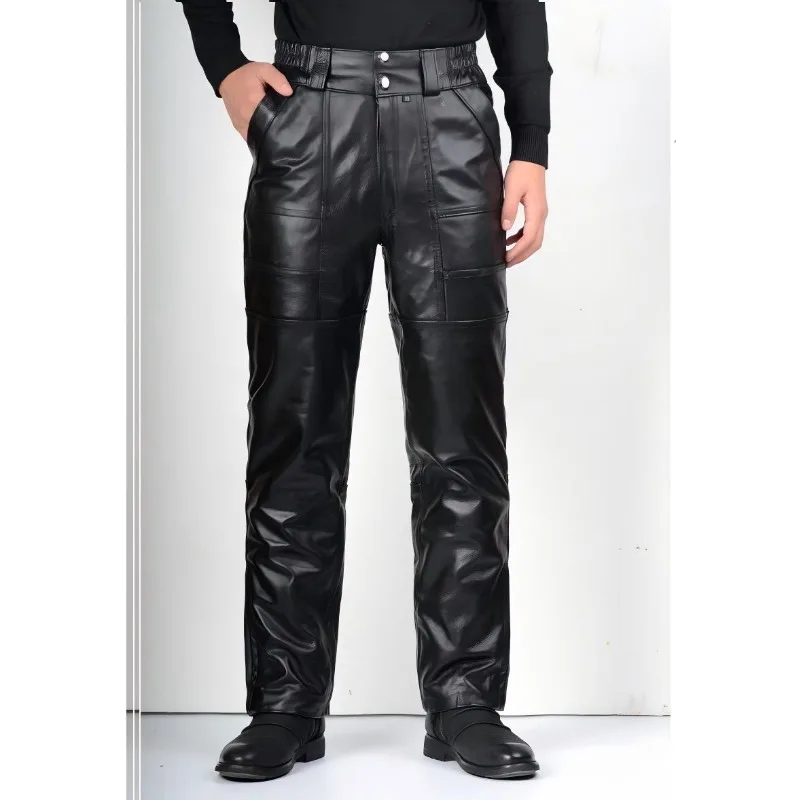 Pantalon en cuir de vache véritable pour hommes, coupe ample, chaud, coupe-vent, pour moto, pour l'e