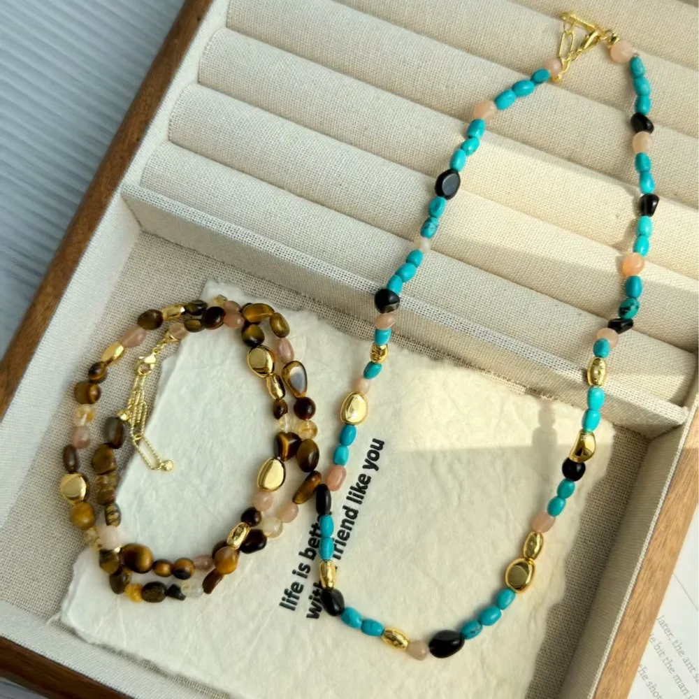 New High-end Caramel Color Gemstone Tiger Eye Stone Beaded Necklace, Retro Light Luxury Colorful Natural Beaded Clavicle Chain