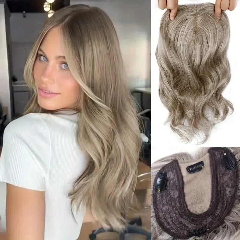 Topper de cabelo sintético com franja curto ondulado marrom escuro destaques toppers de cabelo para mulheres fácil de usar clipe em toppers de base grande