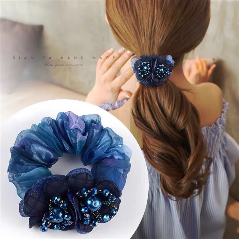 Hermosas cuerdas para el cabello para Gril Bling Pearl Flower Scrunchie, corbatas para el cabello de Organza transparentes, soporte elástico para