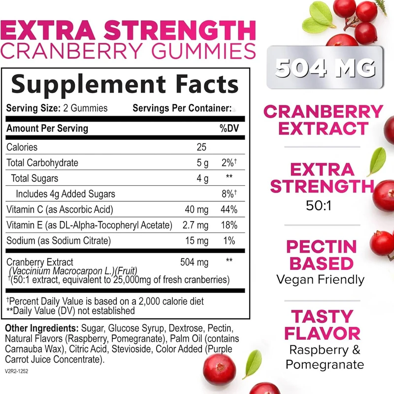 Cranberry gummies for urinary health+Vitamin C - Maximum efficacy 50:1 Cranberry extract - Non GMO, gluten free -60 gummies