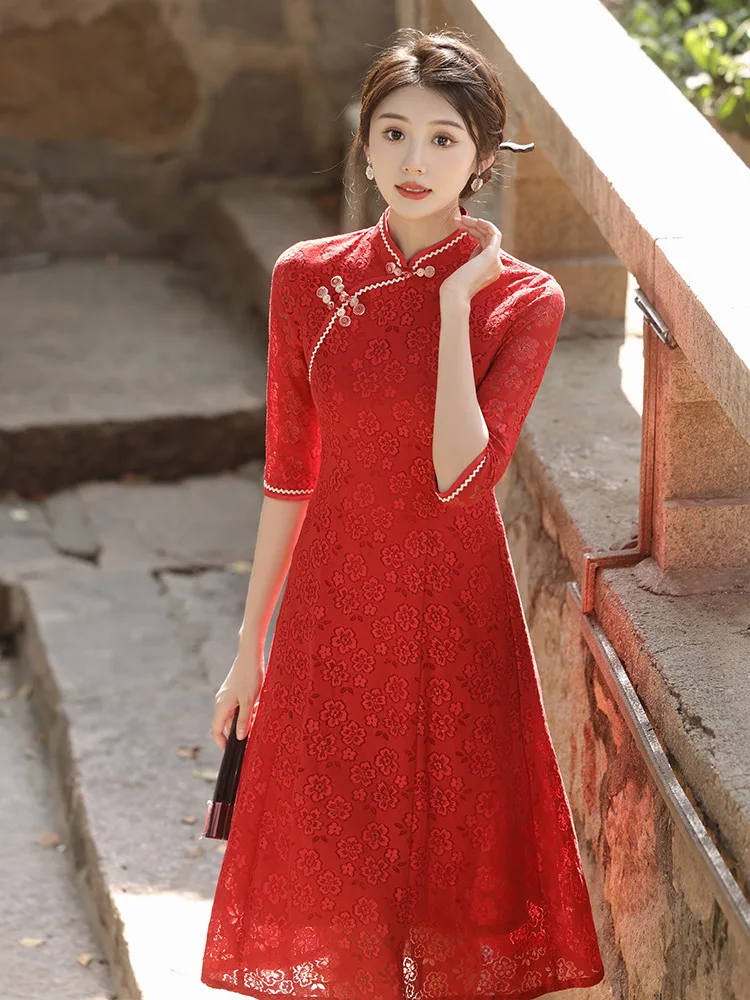 Vintage Mandarin Collar Seven Points Sleeve A-Line Chiffon Chinese Cheongsam Women Daily Dress Slim Lace Qipao Femme