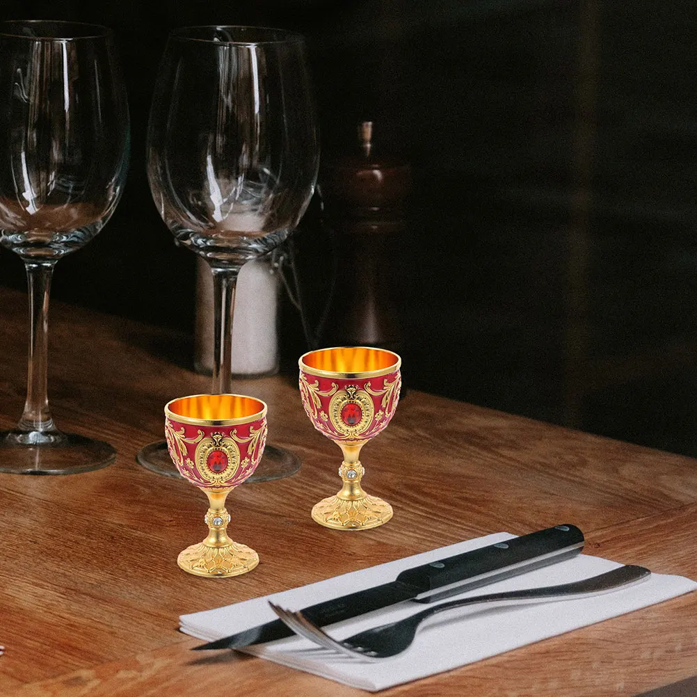 

2 Pcs Metal Cup Drinking Vintage Water Goblets Bronze Small Stemmed Cups Red Fancy