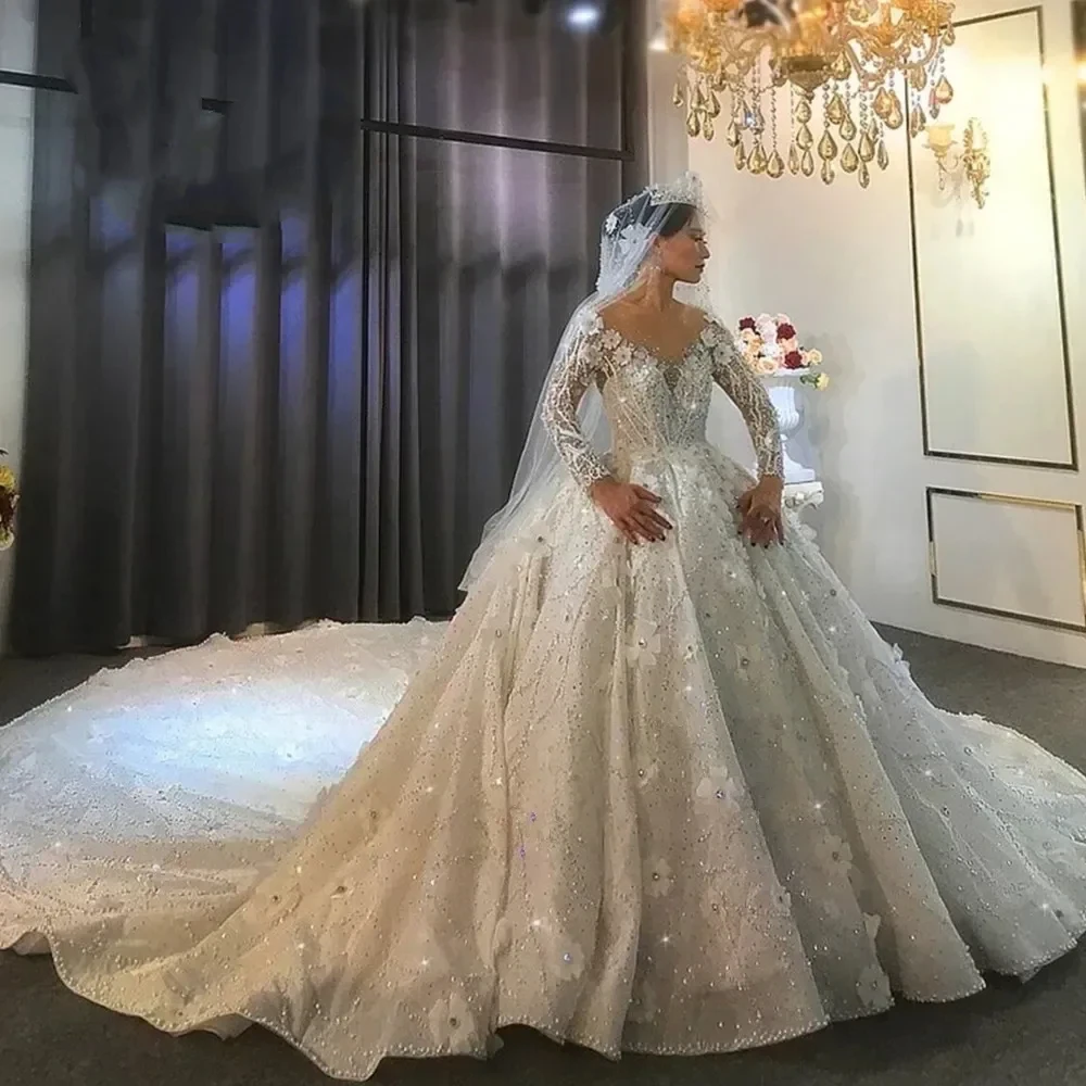 Luxurious Heavy Industry Beaded Water Diamond Decal Women's Wedding Dress Sexy V-neck Long Sleeve Ball Bridal Dress Customized