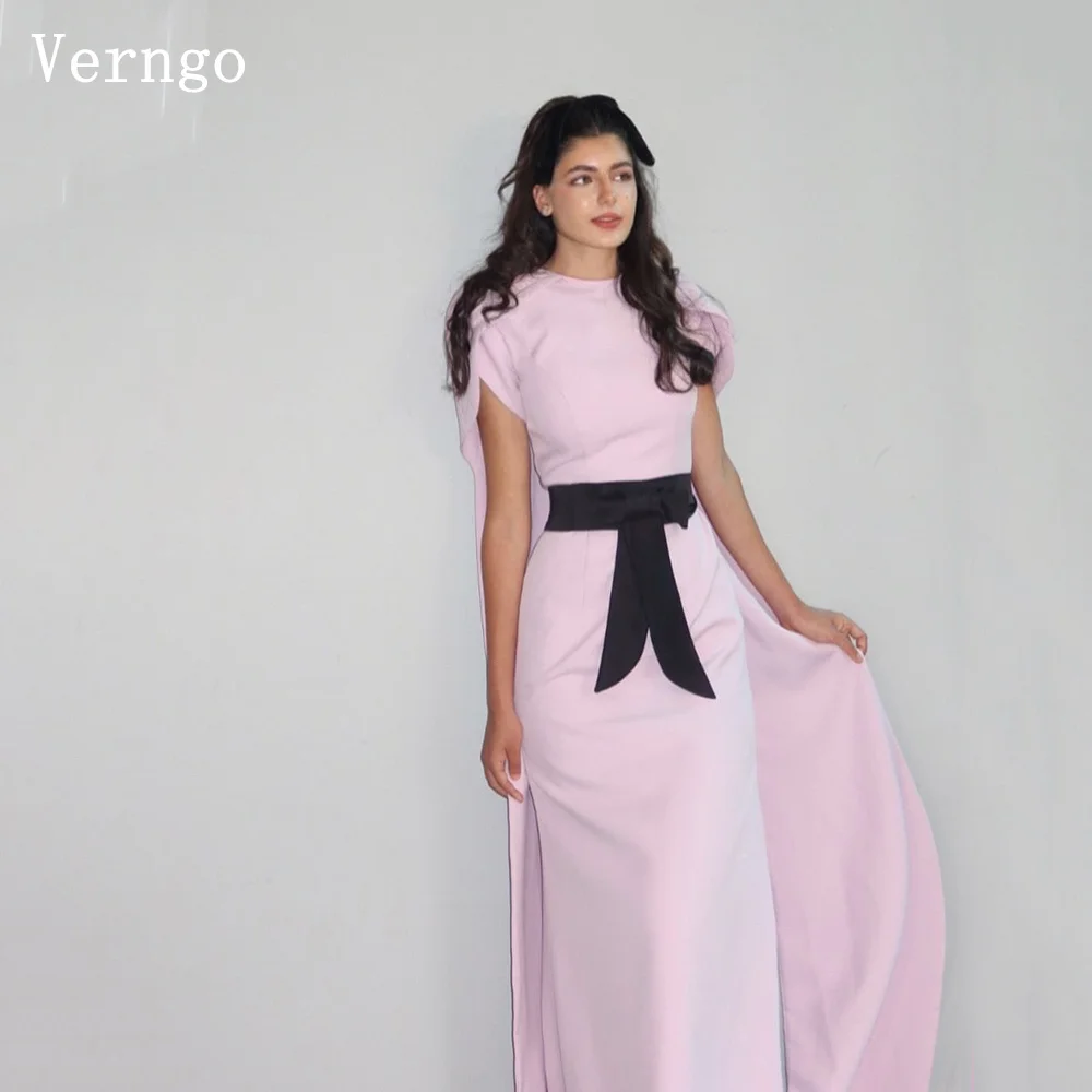 

Verngo Pink Satin Evening Dress O Neck A Line Scarf Formal Occasion Dress Saudi Arabia Elegant Prom Party Dress Customized