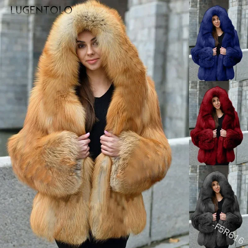 

Women Warm Faux Fur Winter Thicken Hooded High Quality Faux Fox Fur Coat Lady 2023 New Casual Large Size Clothing Lugentolo