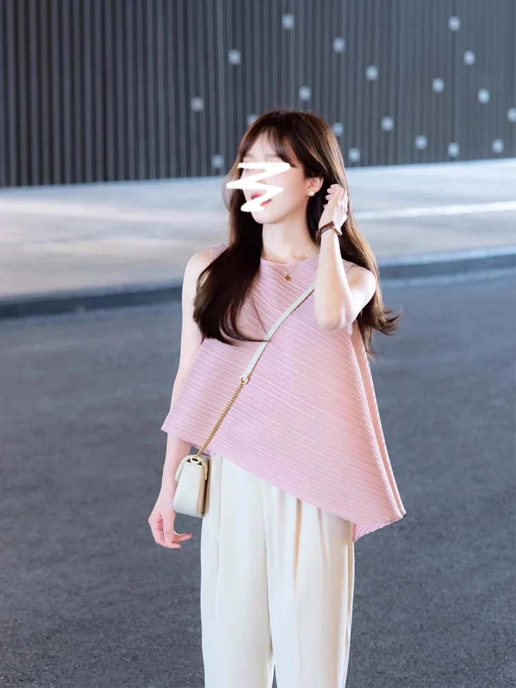 

High Waist Loose Folded Pink Top And Casual Pants Two-Piece Set Spring 2026 Korean Style Three-za Artistic Creation