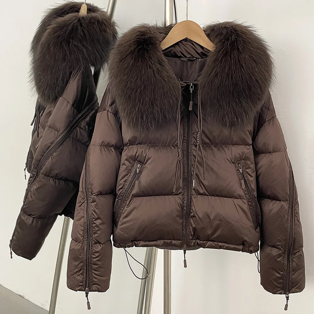 Natural lontra gola de pele puffer jaqueta feminina engrossado pato branco para baixo jaqueta elegante quente fechamento com zíper casaco de manga longa