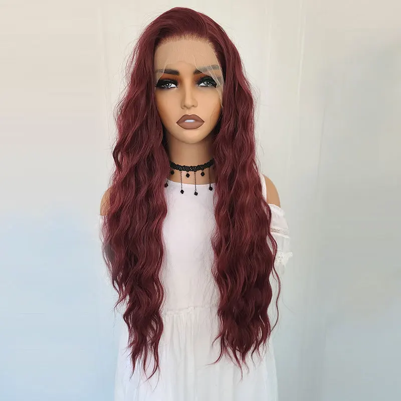 Vinho vermelho onda de água cabelo sintético 13x4 perucas dianteiras do laço alta qualidade fibra resistente ao calor cabelo livre separação para preto perucas