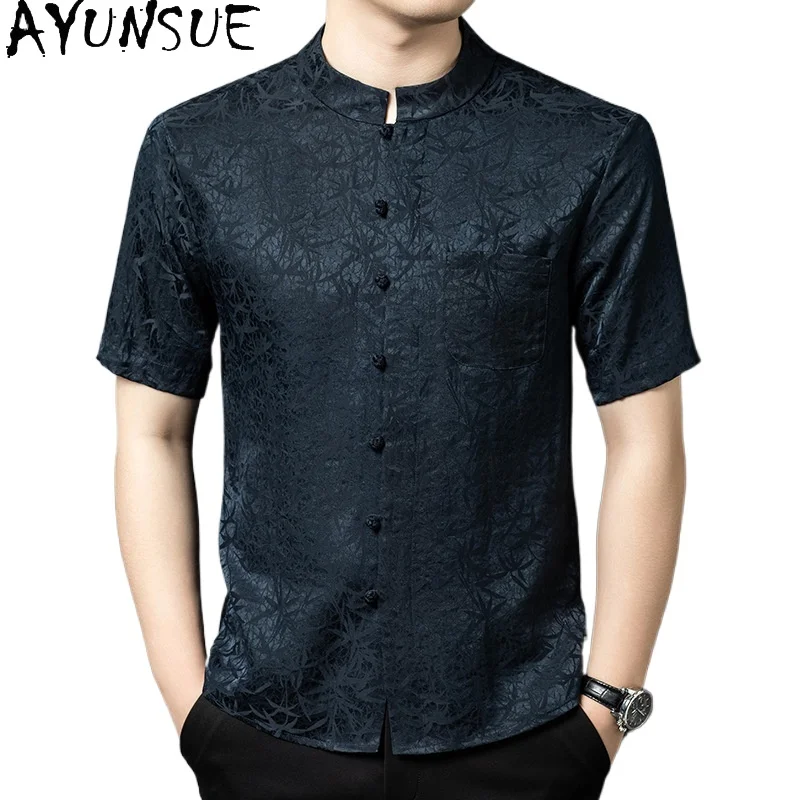 

AYUNSUE Luxury 100% Natural Mulberry Silk Shirt for Man Clothing Summer 2026 Fashion Gauze Silk Tops Stand Short Sleeve Shirts