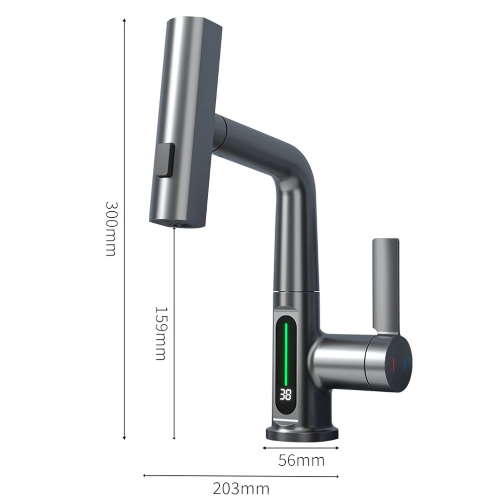 Temperature Display Black Basin Faucet  360 ° Rotation 3 Function Cold and Hot Deck Mounted Pull Out Bathroom Sink Tap