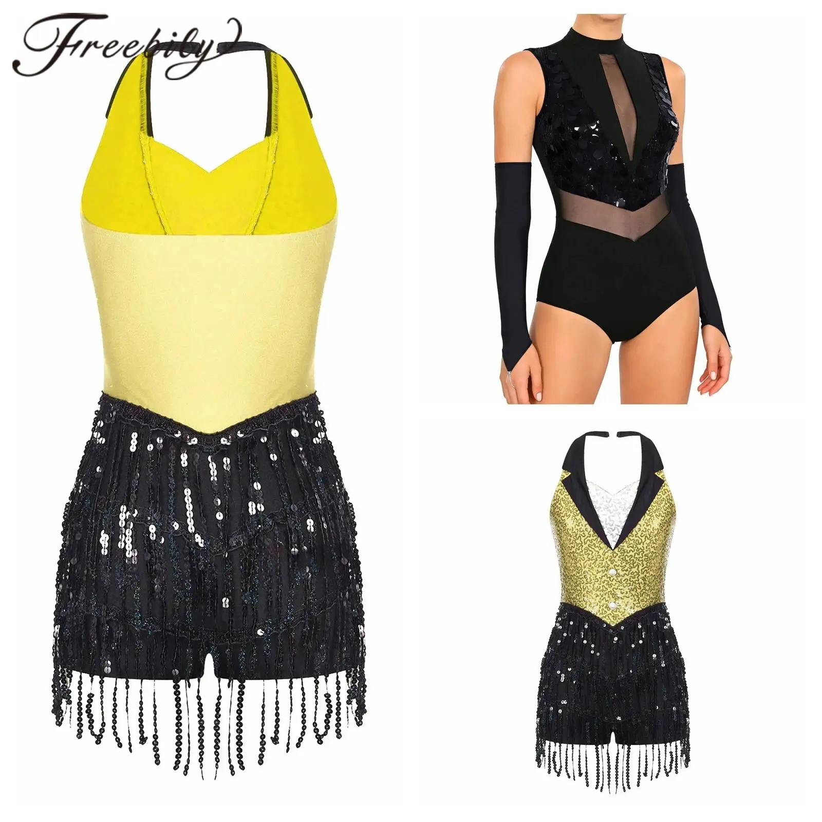 

Women Sequin Skating Leotard Gymnastics Jumpsuits Ballet Dance Outfit Practice Stage Show Costume Competition Dance Costume