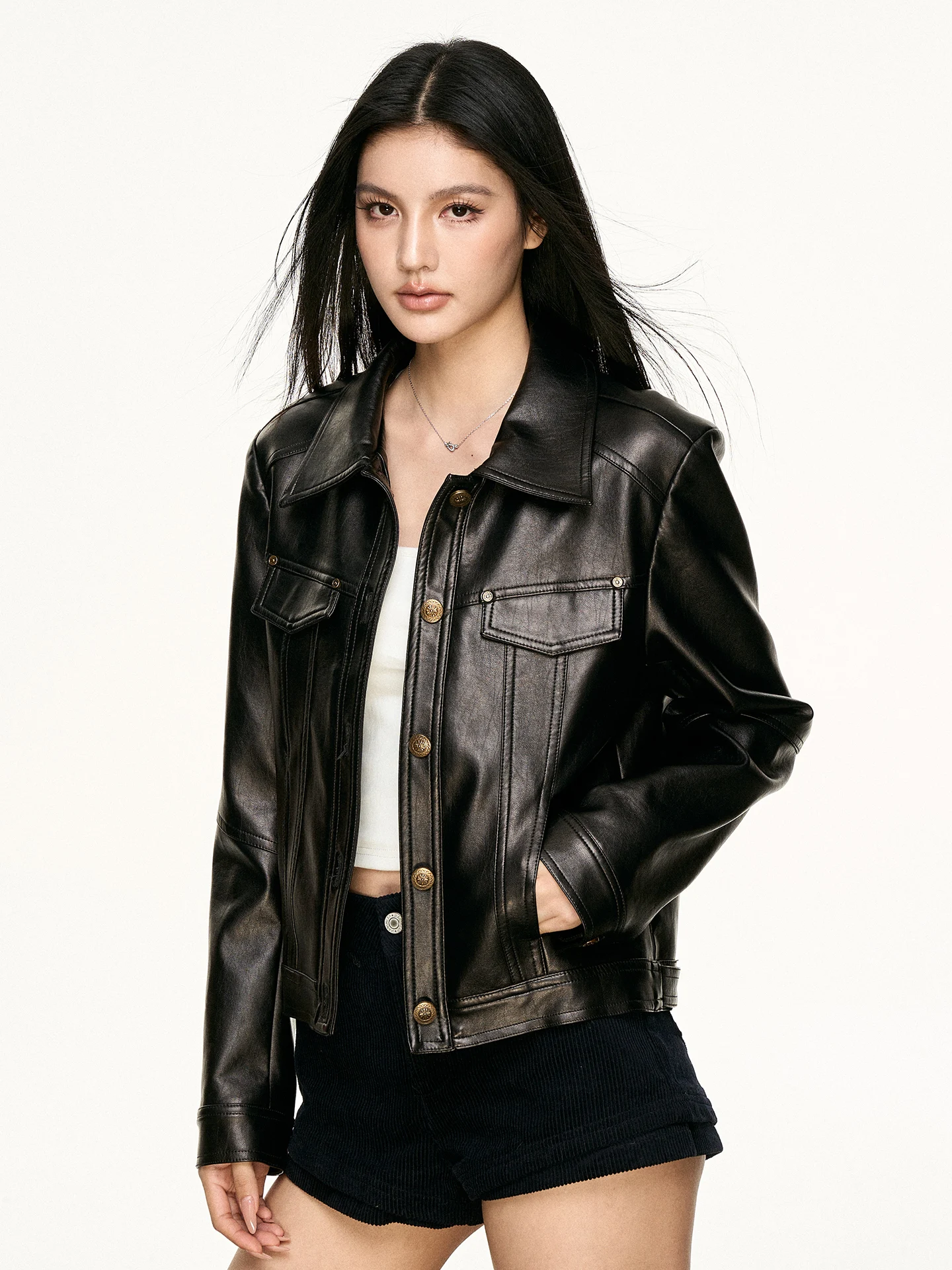

Aaisup Black Short Biker Jacket Women's Vintage Style Slim Fit Leather Coat Flip Collar Spring Fashion Versatile Slimming Out...