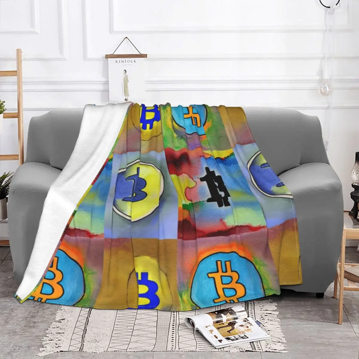 Wet Bitcoin Art Blanket Fleece Cryptocurrency Btc Blockchain Super Warm Throw Blanket for Bedroom Sofa Bedroom Quilt