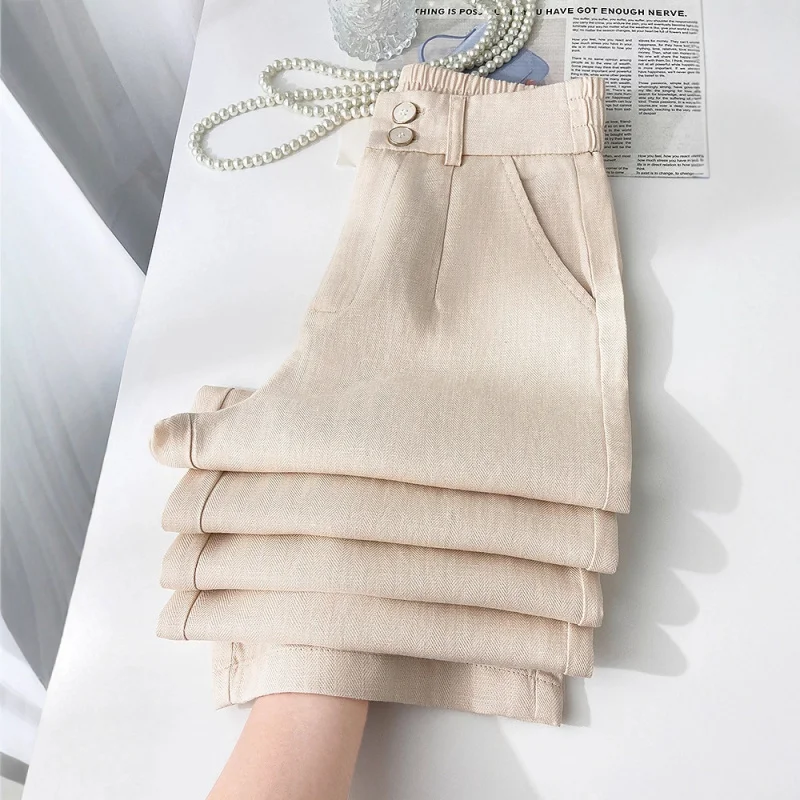 سراويل وردية واسعة الساق للنساء، سراويل صيفية رفيعة، سراويل مستقيمة الساق عصرية متعددة الاستخدامات وبسيطة